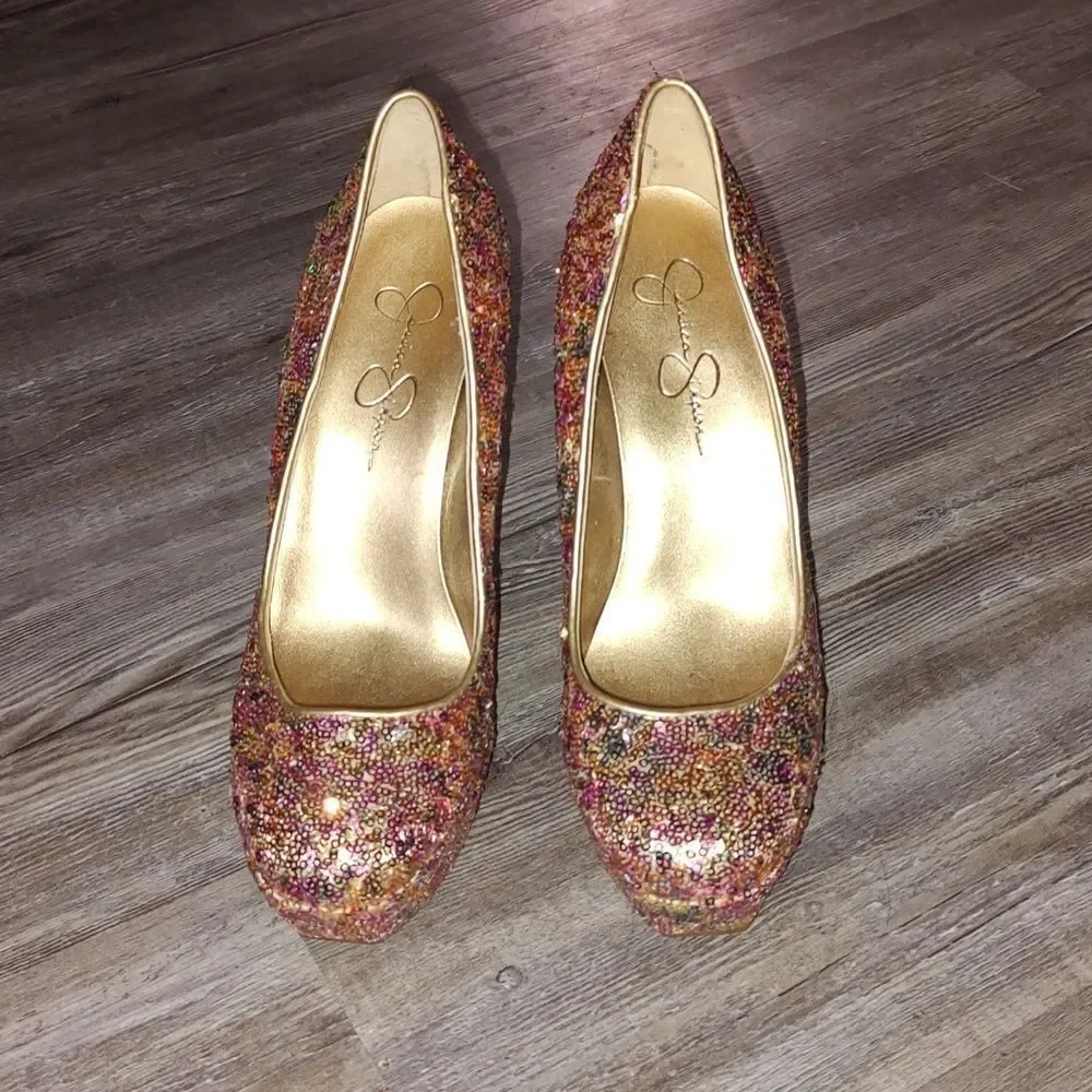 Jessica Simpson multi colored closed square toe sequin 5.5” pumps, size 8.5